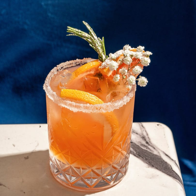 Orange cocktail with ice, garnished with orange slices, rosemary, and baby's breath flowers.