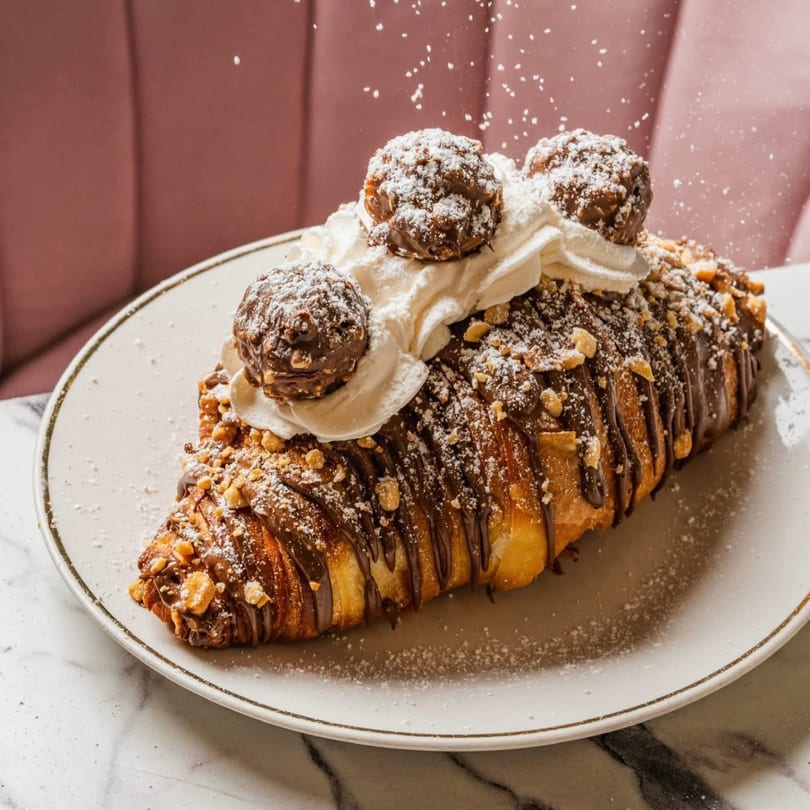 Chocolate croissant drizzled with chocolate, topped with whipped cream, chocolate truffles, and powdered sugar.