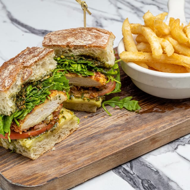 Pesto Fried Chicken Sandwich.