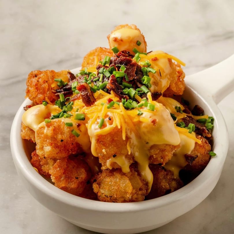 Crispy tater tots topped with melted cheese, bacon bits, and fresh chives in a white bowl.